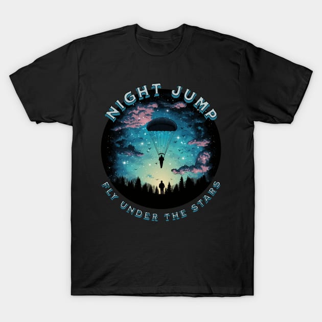 Night jump - Fly under the stars, skydiving, T-Shirt by New Day Prints